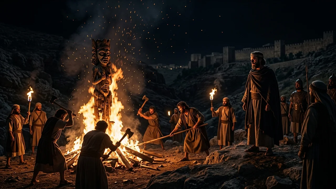 Kidron Valley outside Jerusalem at night as a huge bonfire consumes a grotesque carved wooden idol of Asherah under King Asa’s supervision