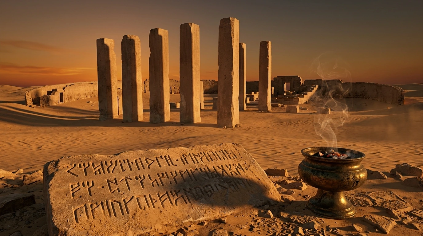 Detailed archaeological close-up of ancient South Arabian Sabaic bronze and stone inscriptions, ceramic jars filled with golden frankincense resin, and ancient Hebrew pottery