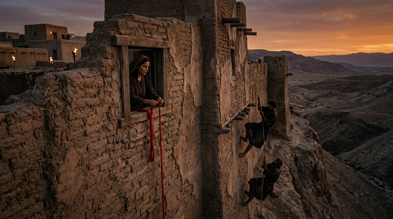 Detailed historical and archaeological reconstruction of Rahab’s domestic home built directly into the double mudbrick defensive walls of ancient Jericho, showing stalks of drying flax on the flat roof and the crimson scarlet cord hanging from the window