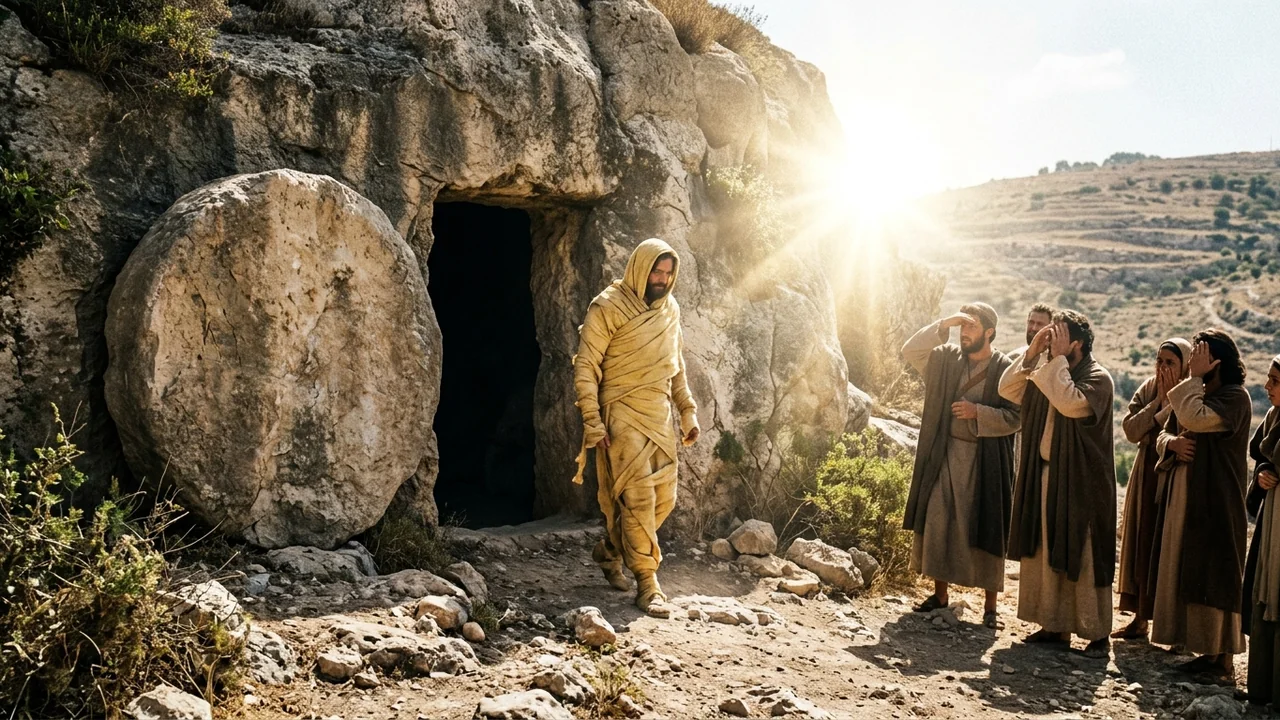 Dark cave tomb entrance in Bethany, heavy circular rolling stone pushed aside, man emerging wrapped in yellowed linen grave clothes stepping toward radiant blinding sunlight