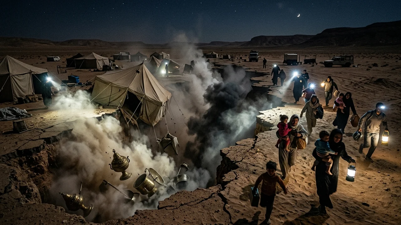 Desert wilderness camp at night as a catastrophic fissure opens in the desert floor swallowing tents and bronze censers while smoke vents from the abyss