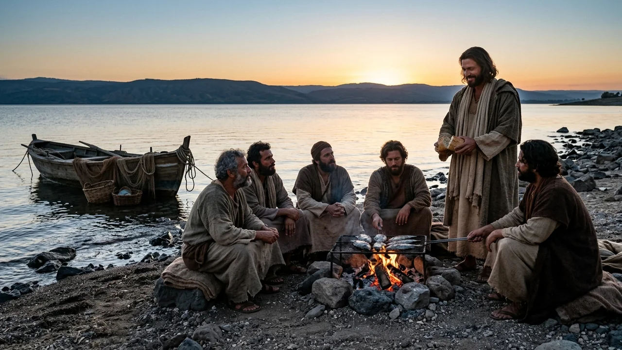 Early dawn shoreline of Lake Tiberias, disciples gathering around a small charcoal beach fire with fish cooking, Jesus standing beside them breaking bread