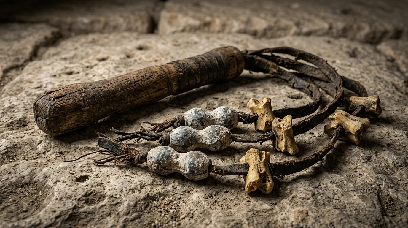 Archaeological forensic reconstruction of an authentic Roman flagrum with braided leather thongs, lead dumbbell weights, and bone fragments on a weathered stone column base