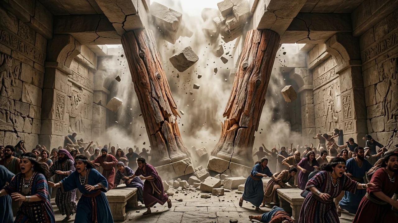 Catastrophic collapse of the massive Philistine temple of Dagon as central cedar pillars buckle on stone bases