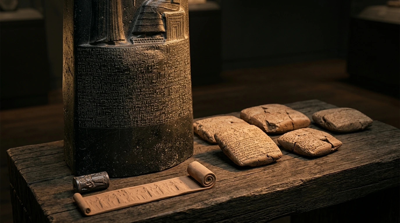 Historical archival photograph of 18th-century BC baked clay tablets containing Old Babylonian cuneiform legal contracts beside museum archaeological display lighting