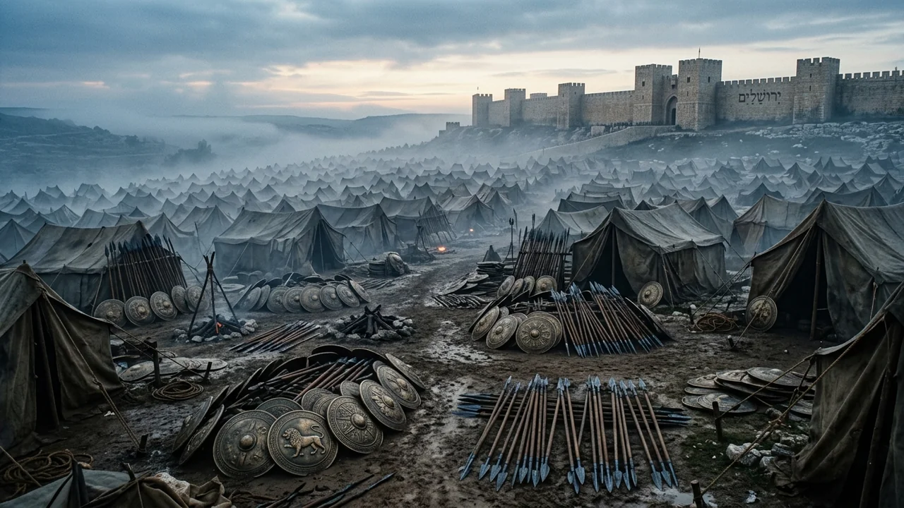 Massive Assyrian military siege camp outside Jerusalem walls at cold dawn with thousands of silent bronze shields and spears laying among abandoned tents