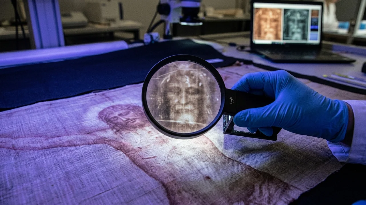 Museum scientific laboratory inspection of the ancient linen Shroud of Turin, UV light revealing faint scorched negative silhouette of a crucified man