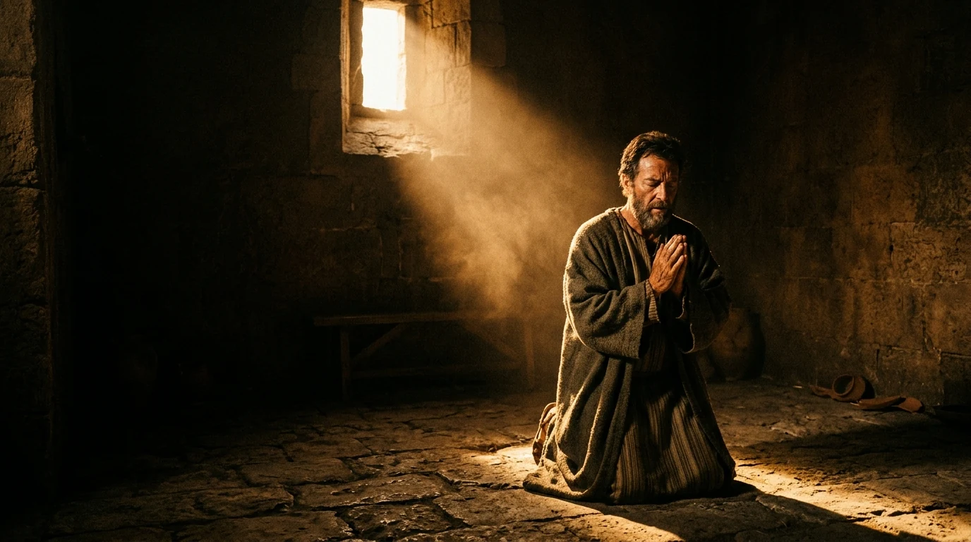 A solitary man praying on his knees at 3 AM in an ancient stone chamber illuminated by divine celestial light