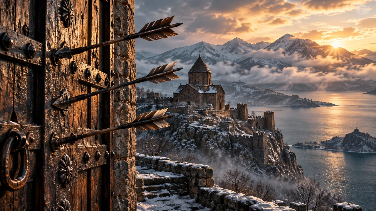 Ancient stone fortress by a cold alpine lake in Armenia with archaic iron-tipped arrows embedded in weathered wooden gate