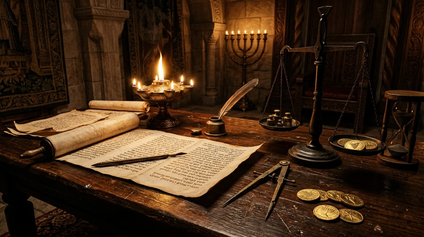 Bronze scales of justice with gold shekel coins and ancient scrolls in Solomon’s palace chamber