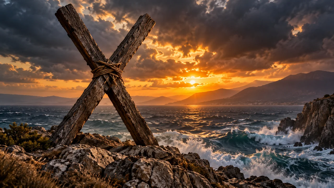 Dramatic historical illustration of Saint Andrew bound to an X-shaped cross overlooking the stormy Gulf of Patras in ancient Greece