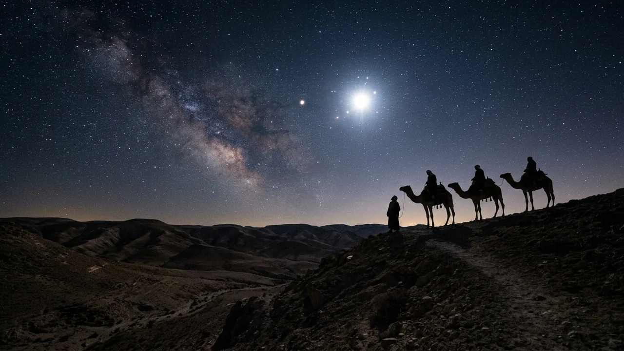 Vast pristine desert night sky over the hills of Judea, brilliant celestial conjunction of two bright planets appearing as a single blazing star