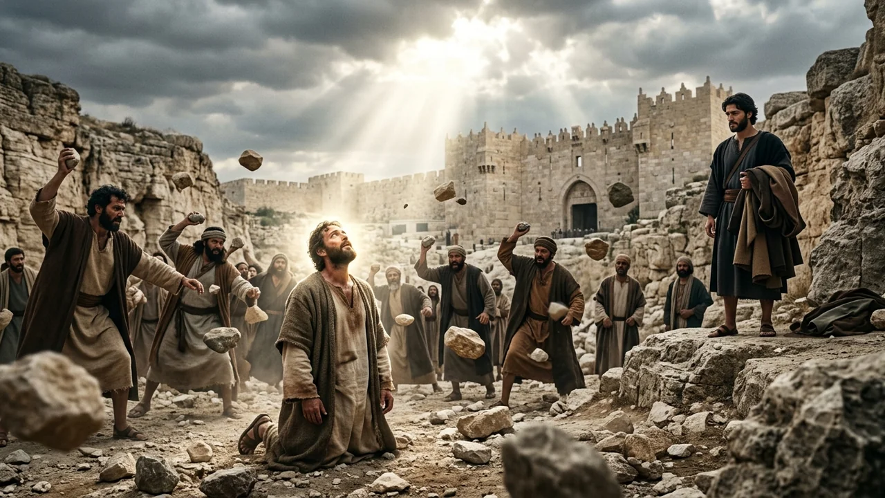 Limestone quarry ravine outside Damascus Gate in ancient Jerusalem as Stephen kneels under airborne stones with Saul of Tarsus watching