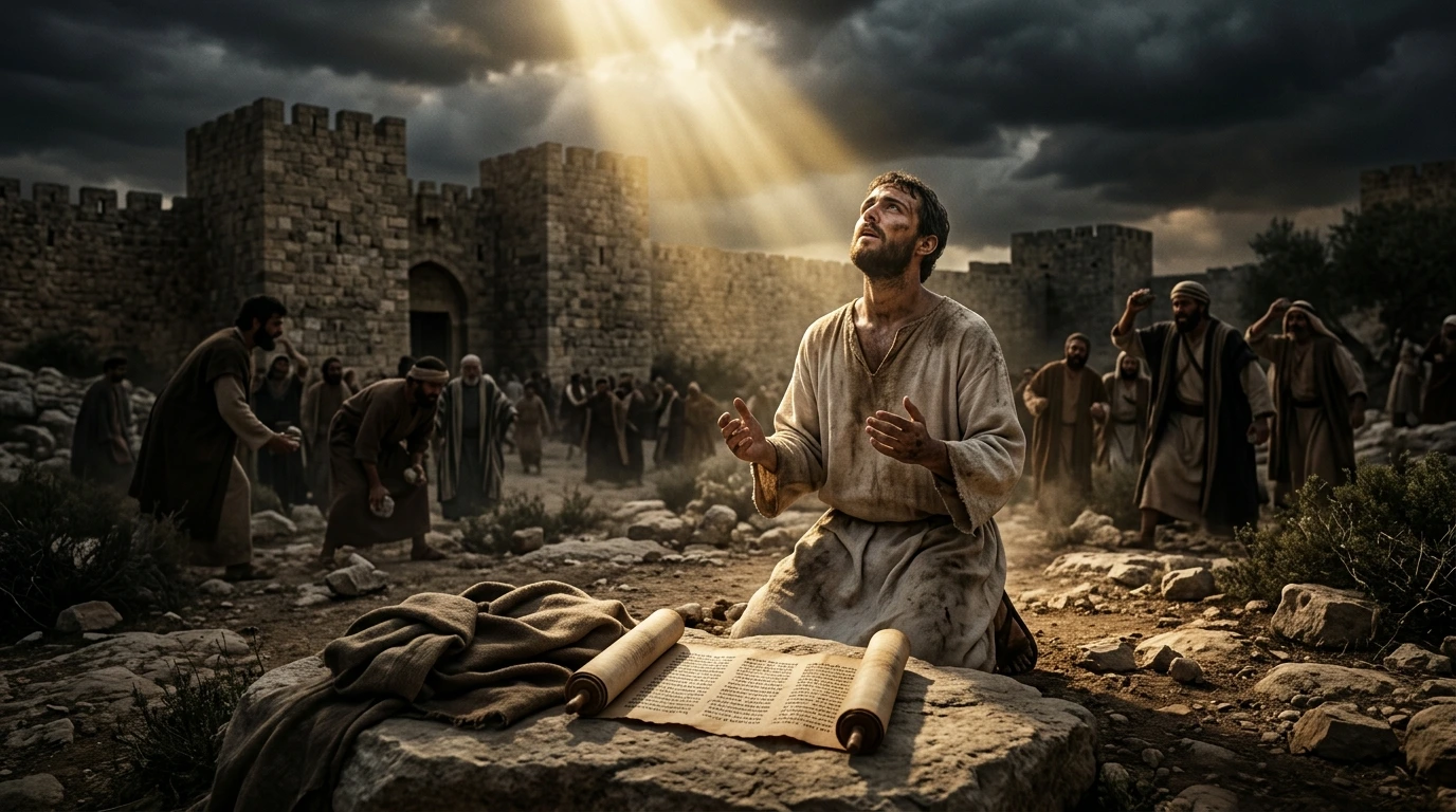 Ancient parchment of the Book of Acts open to chapter 7 beside ancient Jerusalem limestone bedrock and Roman period pottery in chiaroscuro lighting