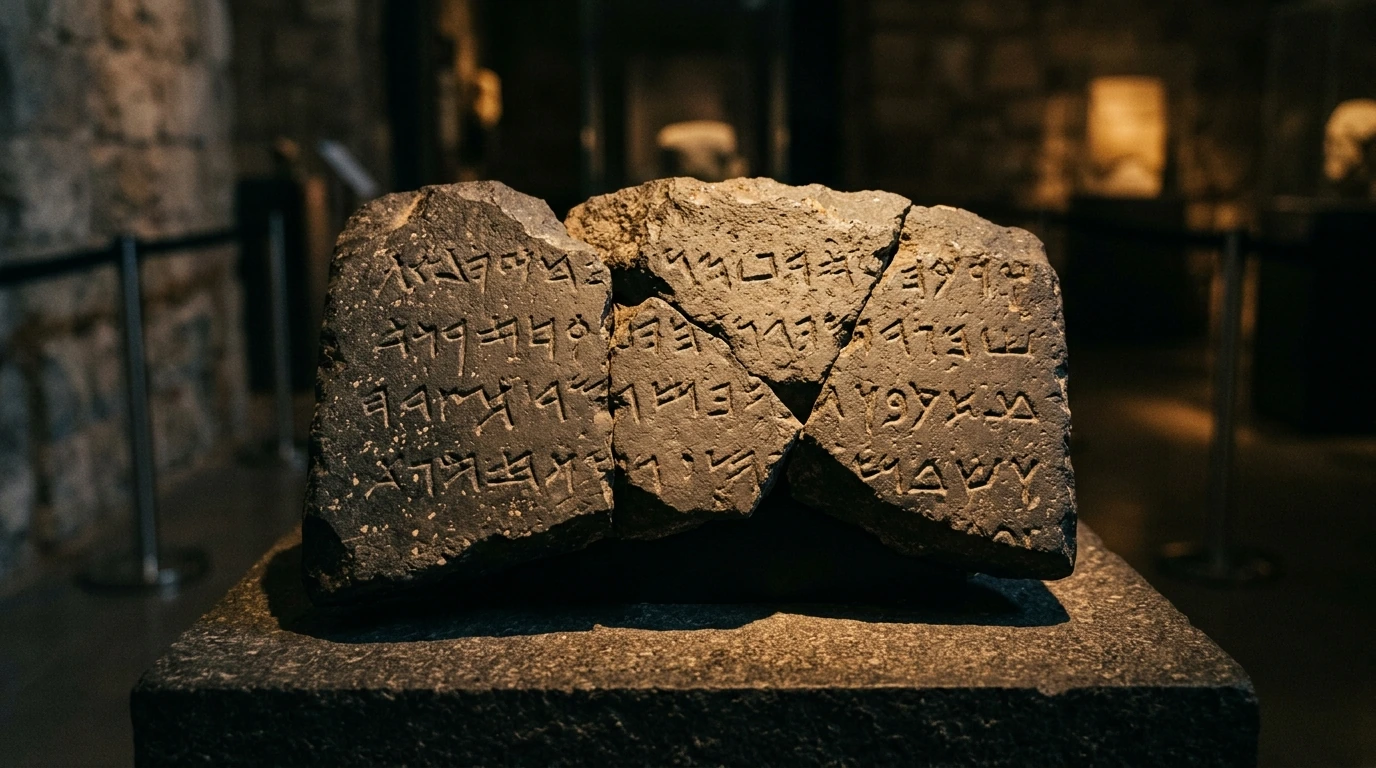 The basalt fragment of the Tel Dan Stele with ancient Aramaic Paleo-Hebrew inscription highlighting the phrase House of David (BYTDWD)