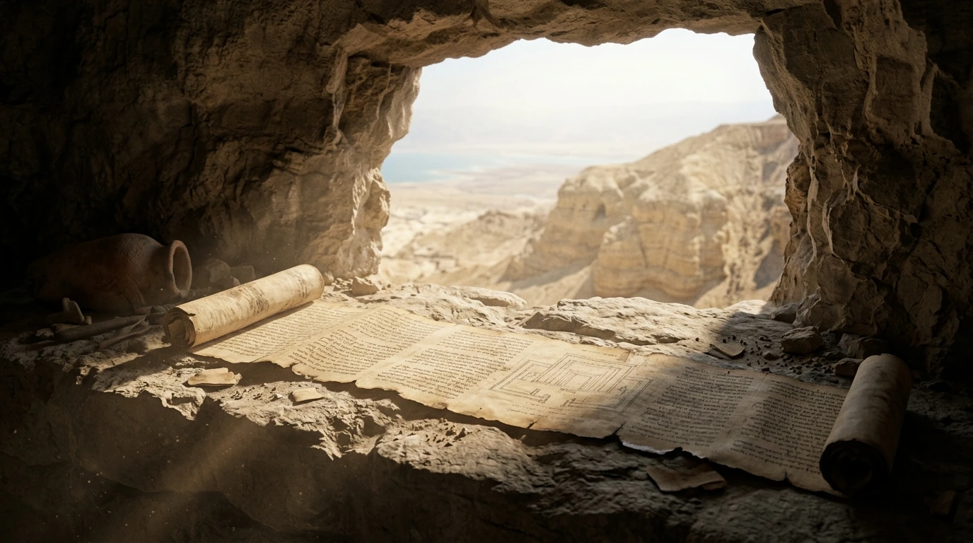 The unrolled 8-meter Temple Scroll 11Q19 with paleo-Hebrew inscriptions and architectural plans of the Jerusalem Temple in ancient Cave 11 setting