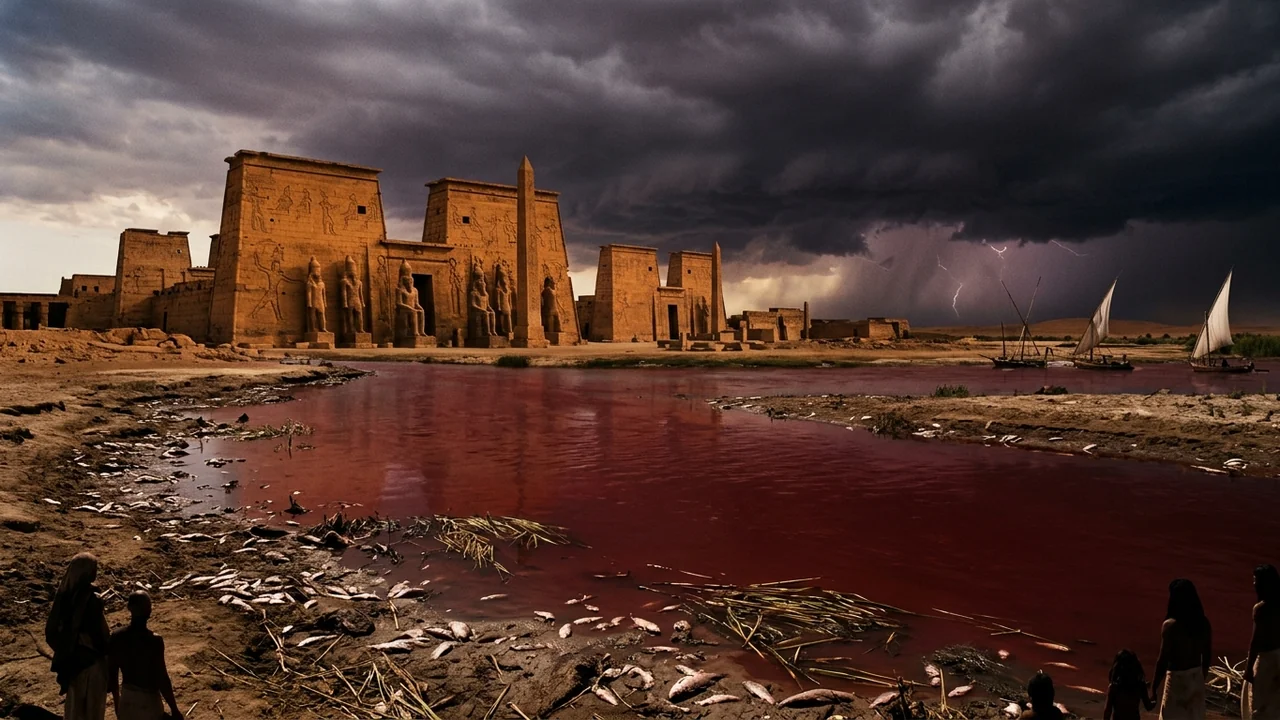 Ancient River Nile flowing past towering pharaonic sandstone temples, the water deep crimson red like fresh blood, dead fish on the muddy banks