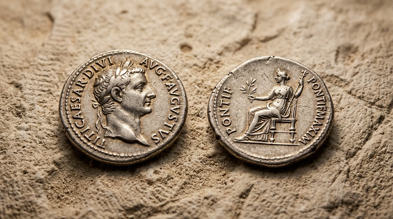 Photographic macro of an authentic 1st-century silver denarius of Tiberius Caesar showing the imperial laureate profile beside magnifying glass and ancient coin scales