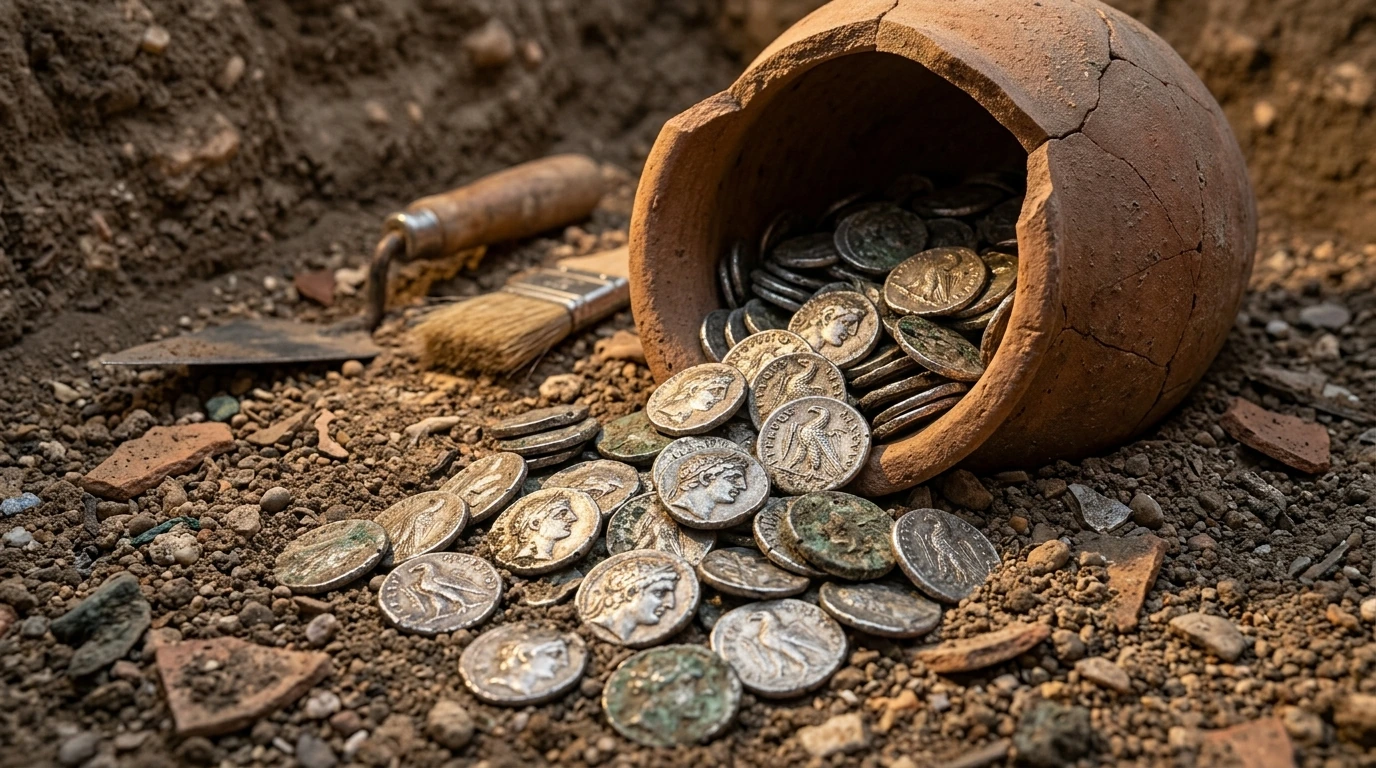 High-resolution museum archaeological macro photograph of authentic silver Tyrian shekels displaying the head of Melqart and the Phoenician eagle beside ancient counting balance weights