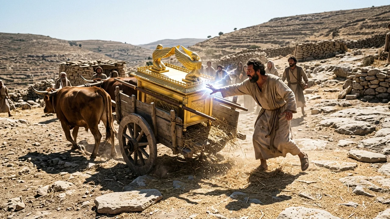 Golden Ark of the Covenant with cherubim wings gleaming in blinding sunlight as ox cart tilts and hand reaches out in panic to touch sacred gold