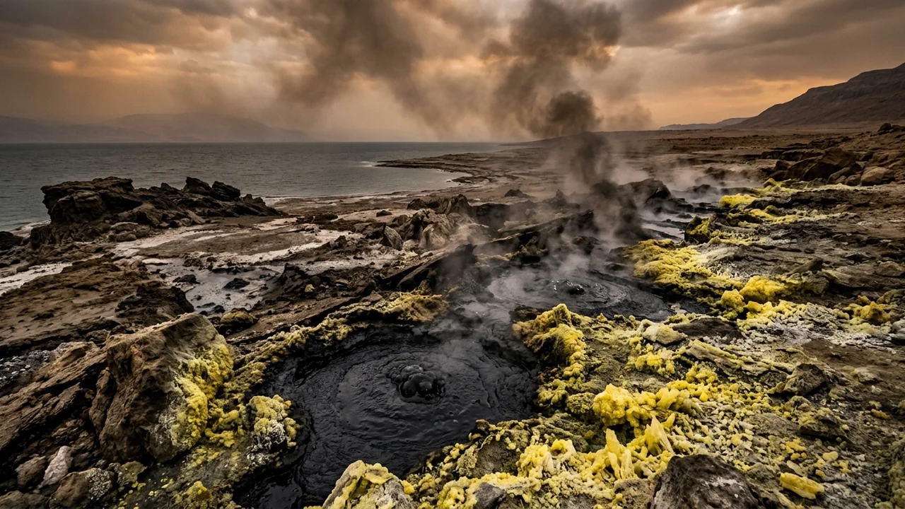 Ancient desert shoreline of the Dead Sea with bubbling black asphalt tar pits smoking in fissures, sulfur yellow crystals on shores