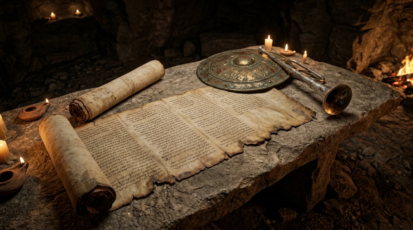 The unrolled parchment of the War Scroll 1QM showing columns detailing trumpets of assembly, line battle orders, and the eschatological conflict against the Kittim