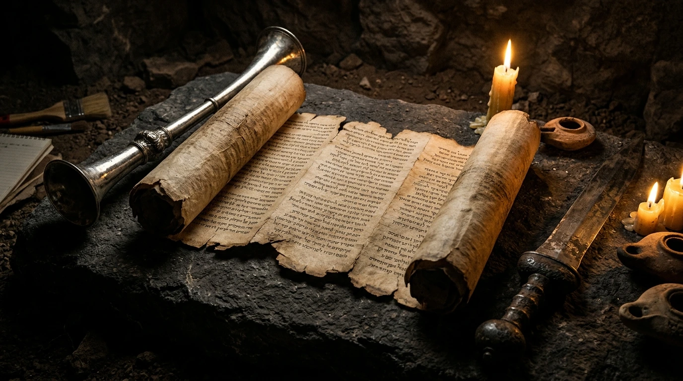 Ancient bronze Roman shields and silver trumpets inscribed with paleo-Hebrew battle mottoes beside the War Scroll 1QM in dramatic desert lighting