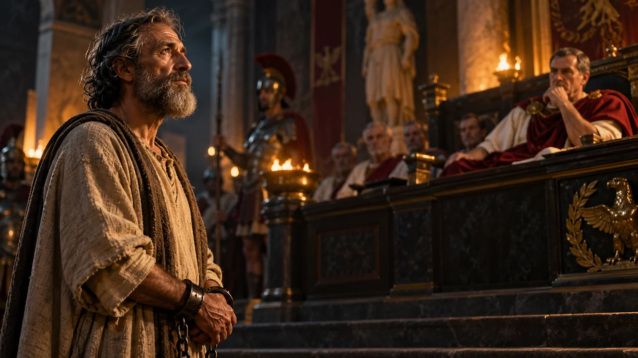 Dramatic close-up portrait of an aging 1st-century apostle in Roman chains before an imperial magistrate bench in candlelight