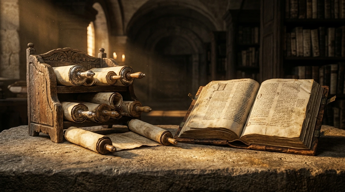 Ancient Septuagint Greek parchment and Hebrew Masoretic scroll side by side with Latin Vulgate scriptorium