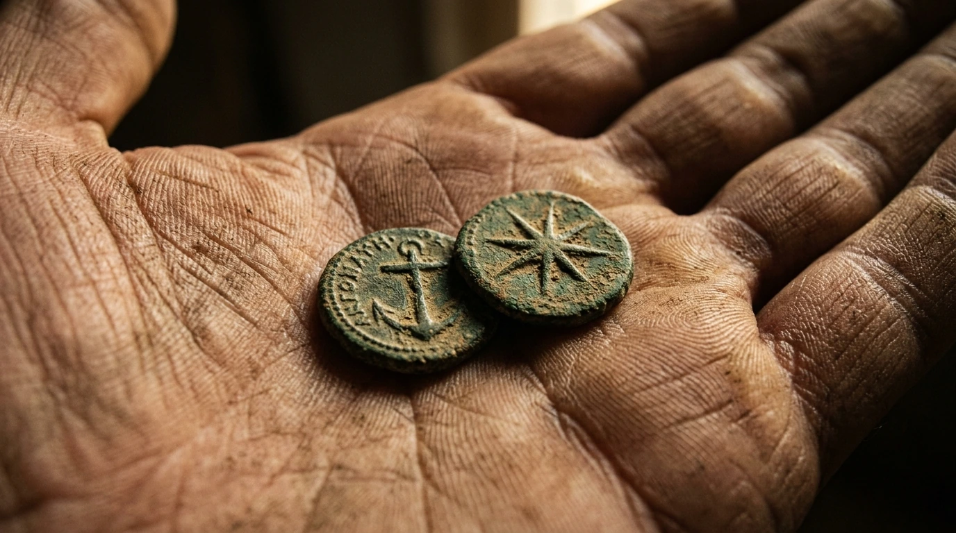 Extreme close-up macro photograph of two tiny ancient bronze Hasmonean lepta showing the anchor and eight-spoked star resting on weathered limestone steps of the Temple Mount