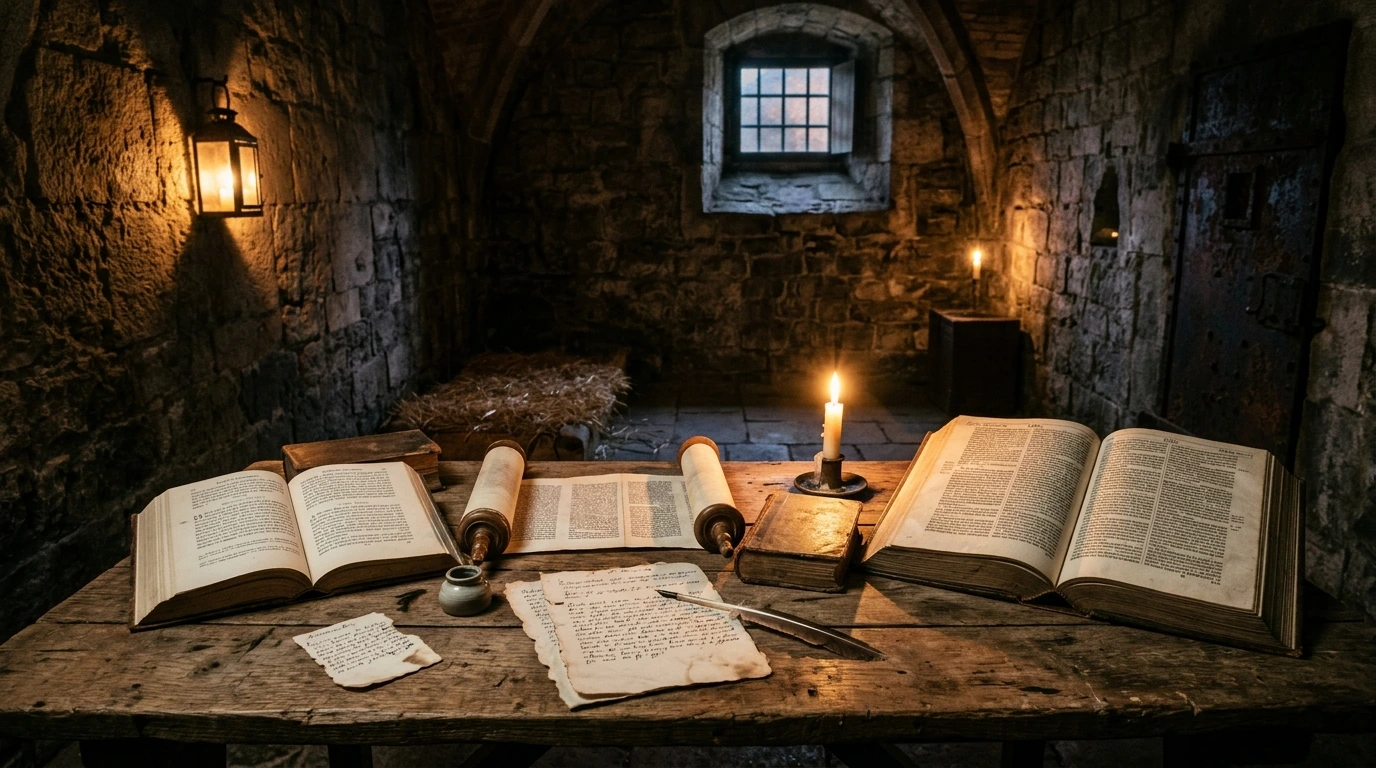 William Tyndale working secretly in his Antwerp scriptorium translating the Greek New Testament by candlelight