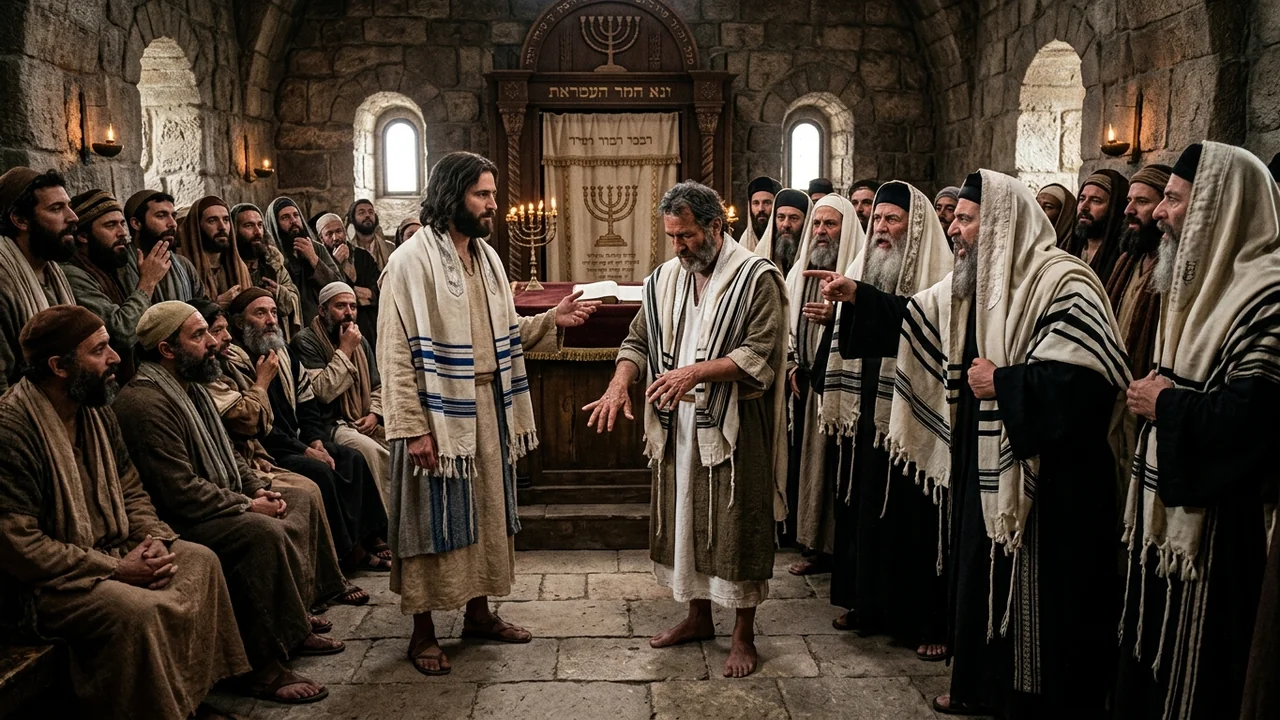 Interior of 1st-century Galilean limestone synagogue, intense theological standoff between rabbis and Jesus standing in center, man extending a previously crippled curled hand