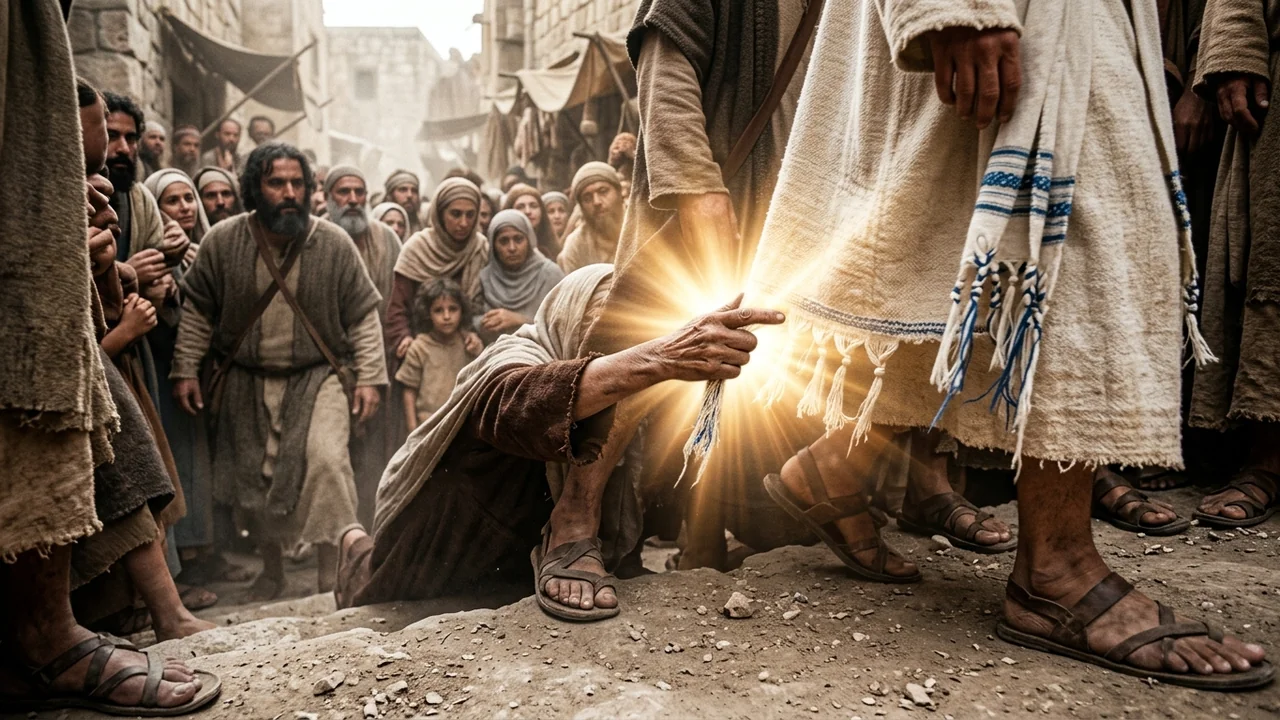Dense bustling crowd in 1st-century Galilean street, desperate trembling hand reaching through sandals to touch the white and blue twisted hem tassel of a woolen tunic