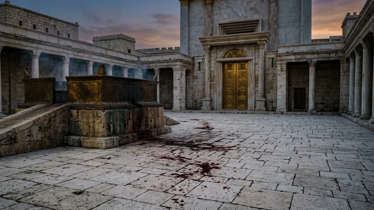 Inner stone courtyard of the Temple of Jerusalem between the bronze altar and the sanctuary door, bloodstains on ancient white limestone at dusk