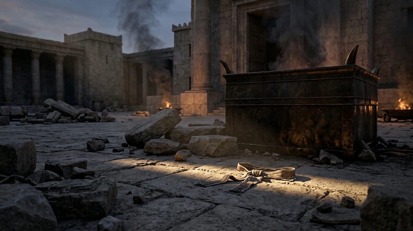 Ancient rabbinic scroll and archaeological stone courtyard of the Temple Mount illustrating the historical tradition of Zechariah unavenged blood